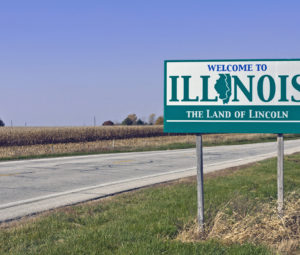 A welcome sign at the Illinois state line